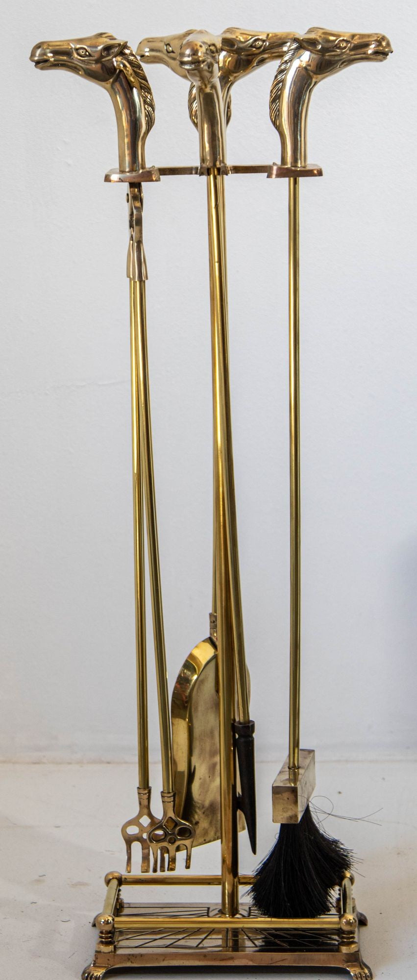 French Brass Horse Head Fireplace Tool Set Equestrian Hollywood Regency Style