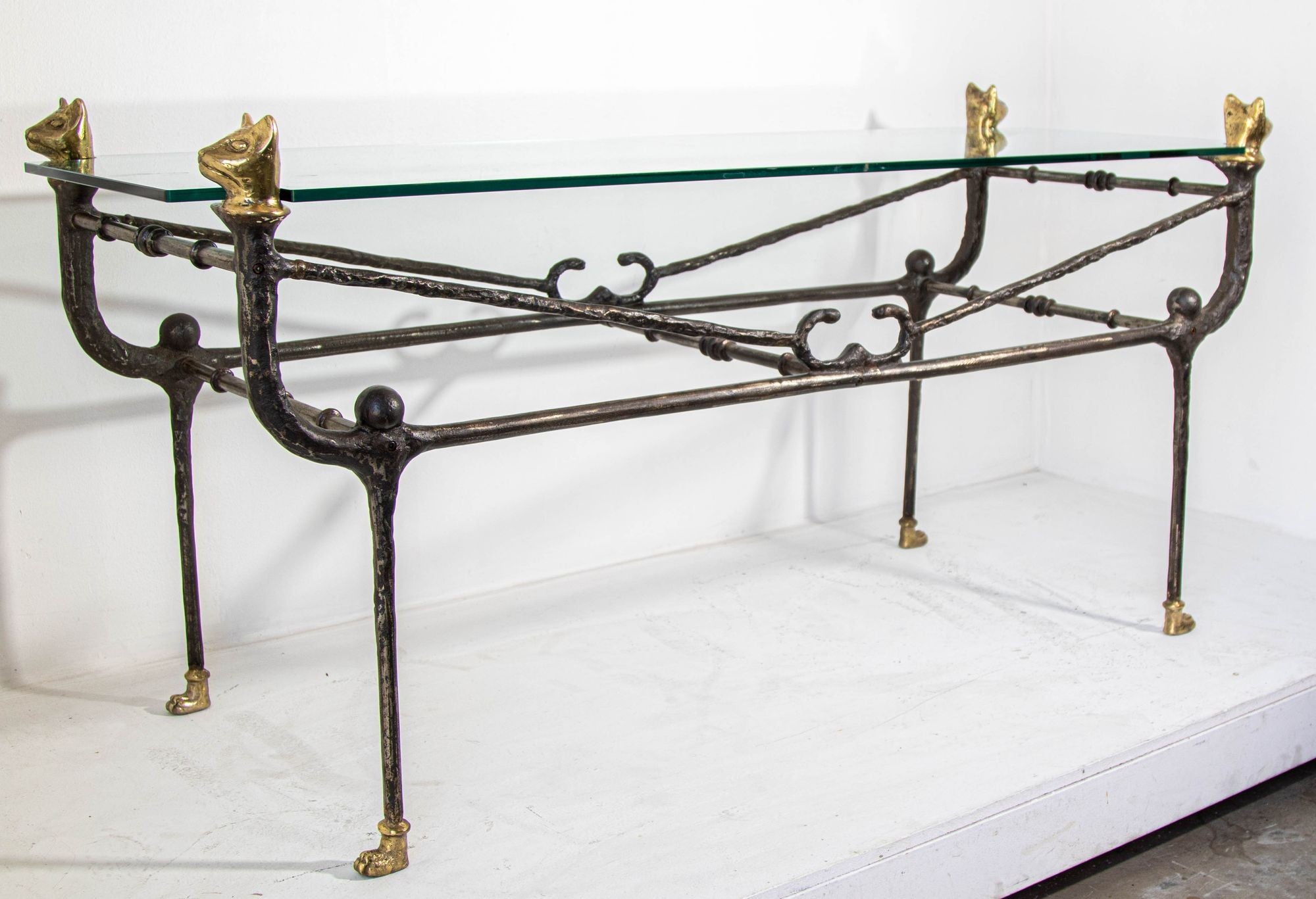 Giacometti Style Sculptural Brutalist Iron and Glass Console Table With Cat Head