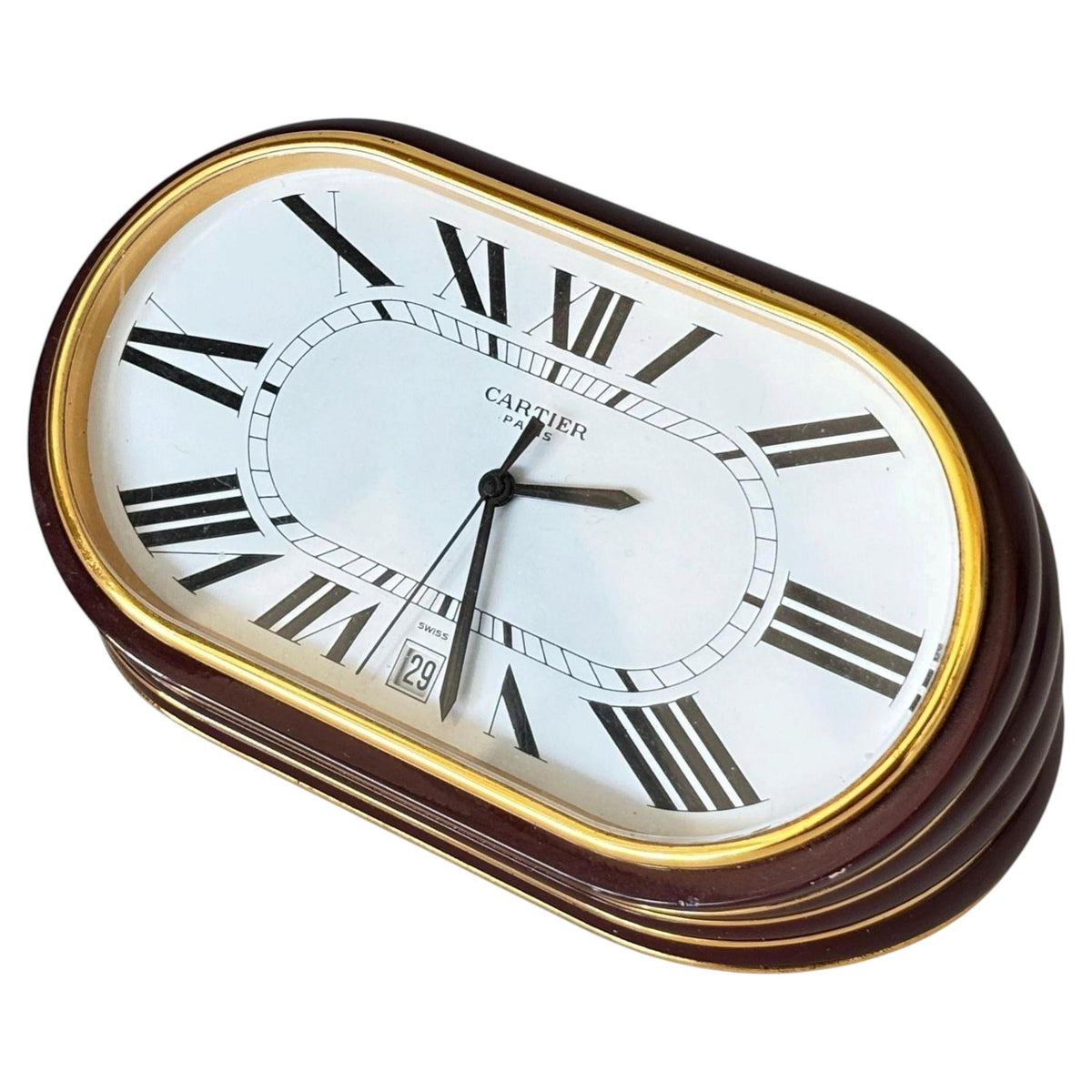 Cartier Paris Accordion Clock with Date and White Roman Numeral Dial Circa 1980 — France