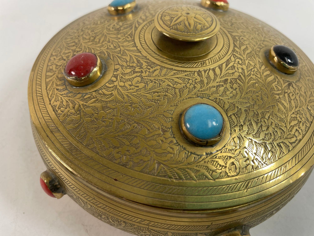 Vintage Moroccan Jewelled Trinket Brass Round Box with Beads