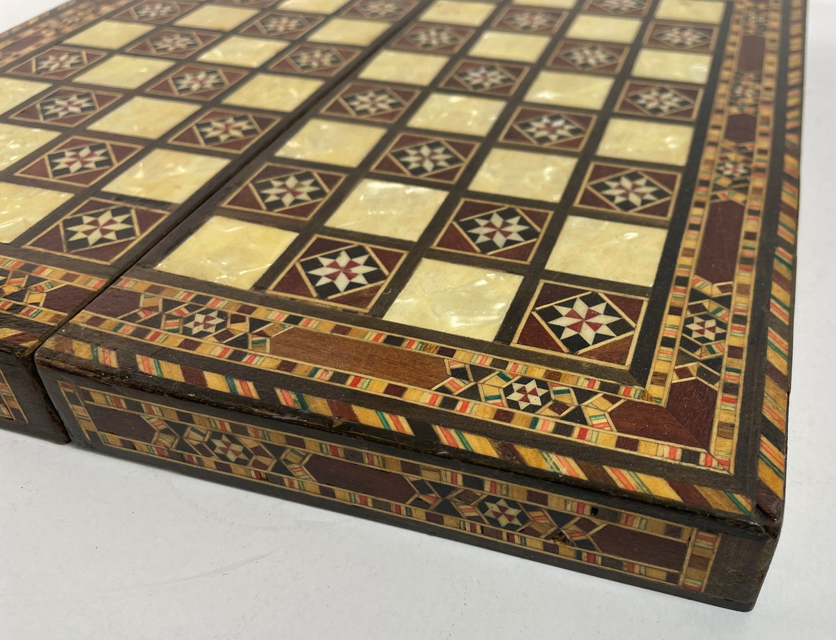 Middle Eastern Mosaic Inlaid Marquetry Box, Vintage Game Chest, 1950
