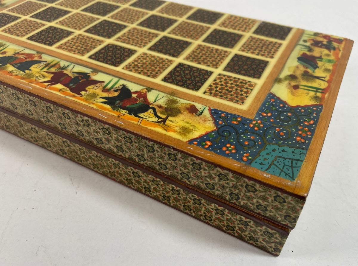 Vintage Persian Micro Mosaic Chess Box, Handcrafted Fruitwood, 1950s