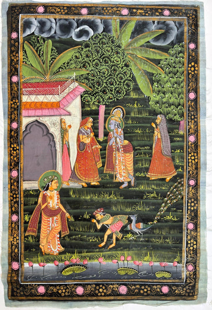 Vintage Rajasthani Krishna & Gopis Gouache and Gold Painting on Cloth — additional view 13