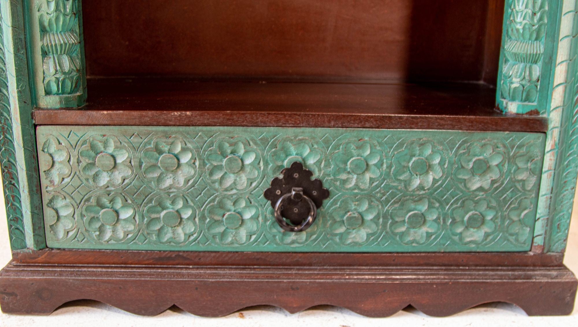 Hand-Carved Arch Bookshelf Wooden Cabinet in Rustic Blue