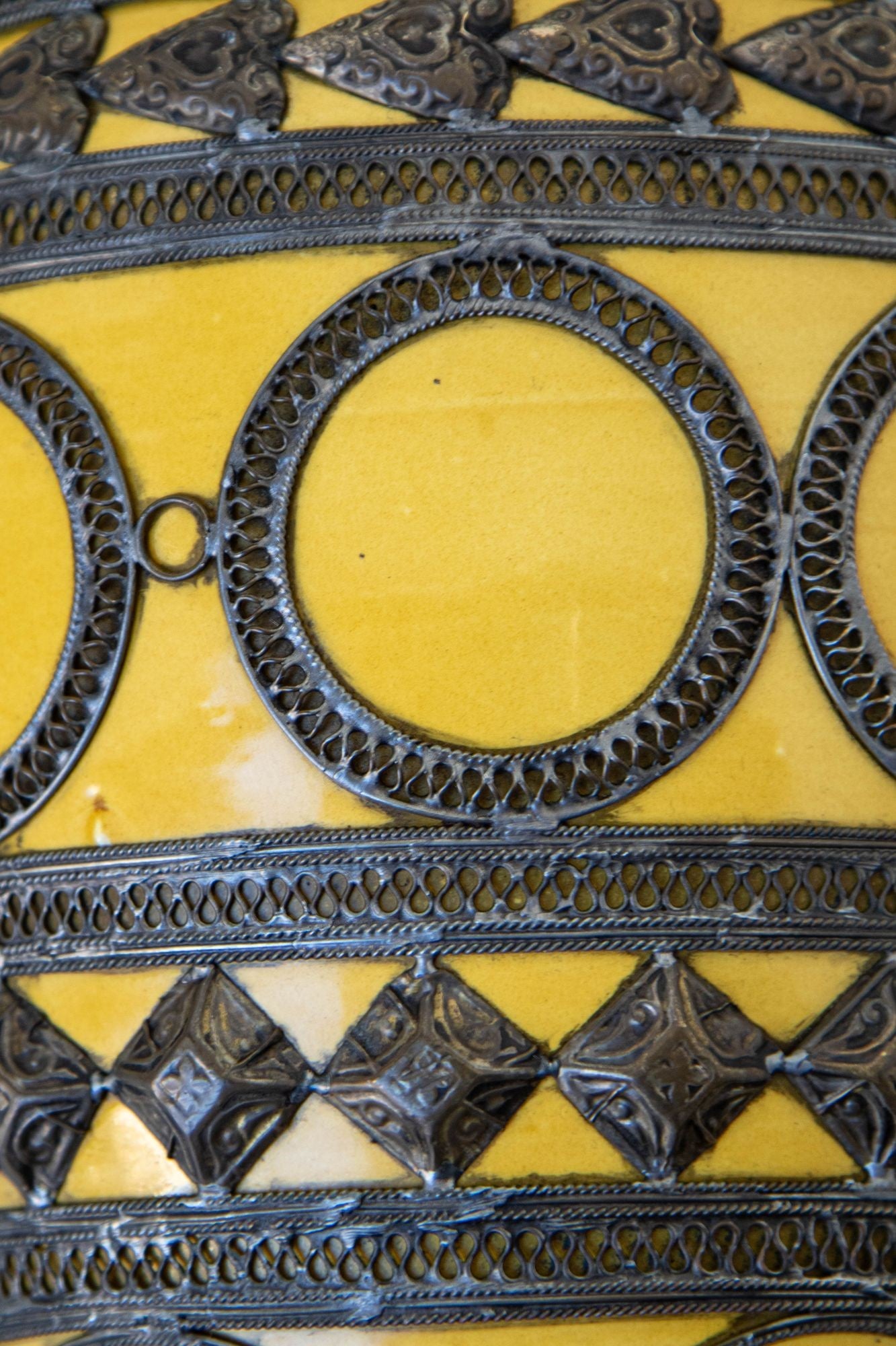 Antique Moroccan Ceramic Vase Bright Yellow with Metal Moorish Filigree overlaid