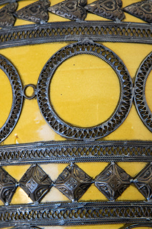 Antique Moroccan Ceramic Vase Bright Yellow with Metal Moorish Filigree overlaid