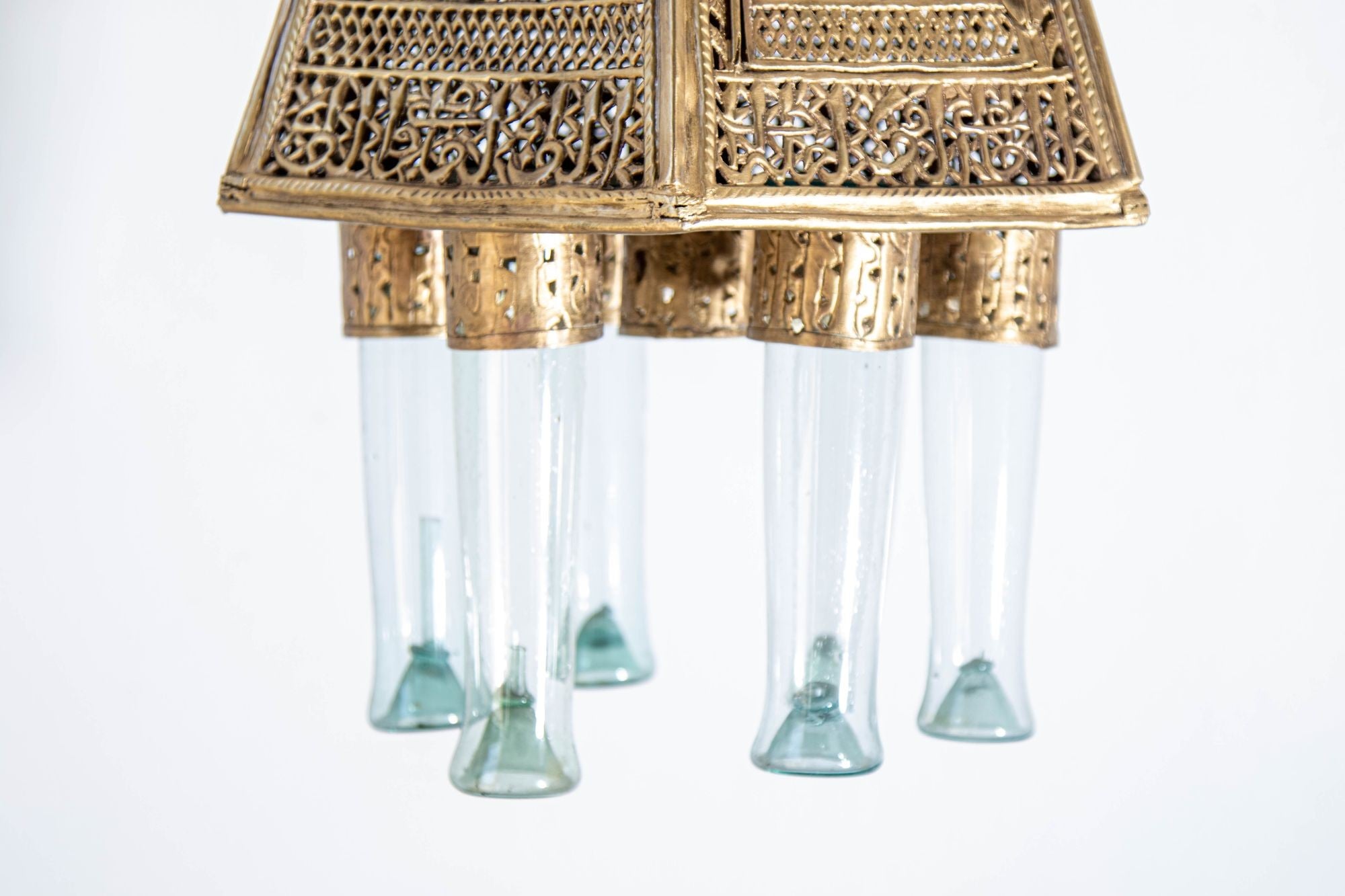 Antique Mamluk Turkish Pierced Brass Hanging Hexagonal Pendant Light Fixture