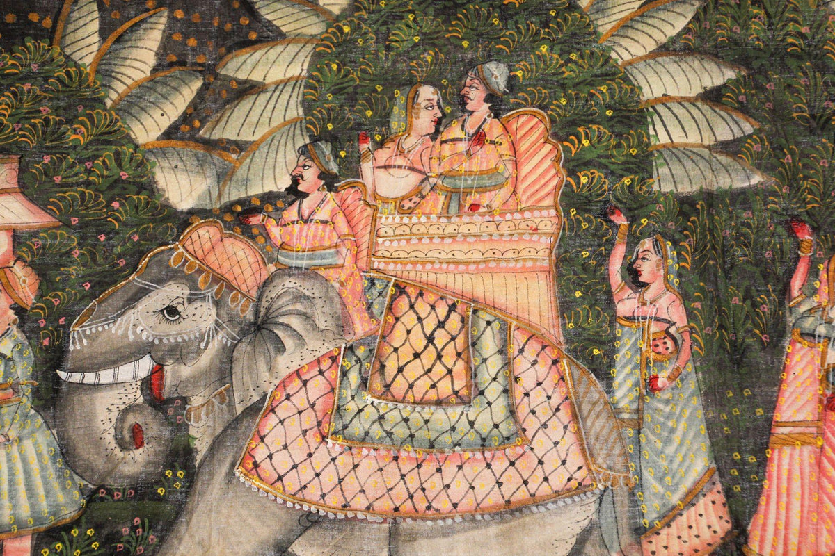 Large Vintage Mughal Raj Silk Painting of a Maharaja Royal Procession — India