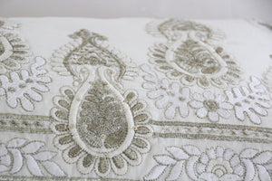 White and Silver Embroidered Mughal Style Throw Pillow
