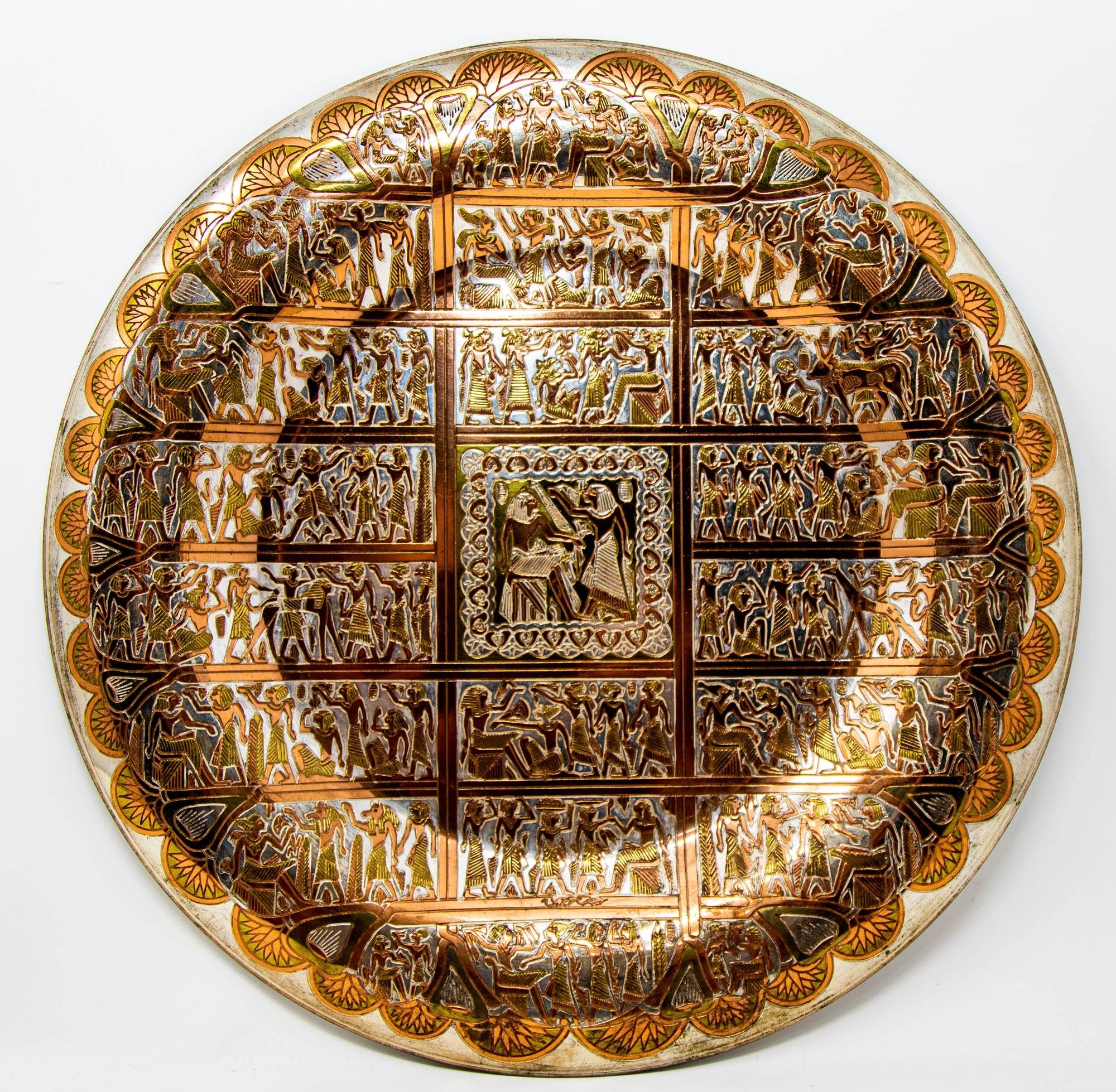 Egyptian Round Brass Tray with Silver and Copper Overlay Wall Hanging Decor