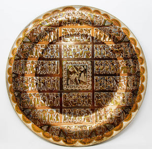 Egyptian Round Brass Tray with Silver and Copper Overlay Wall Hanging Decor
