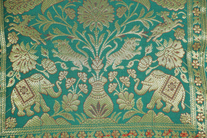 Emerald Green Exotic Silk Throw Pillow with Elephants and Peacocks India