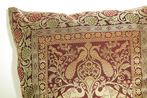 Silk Throw Pillow with Elephants and Peacocks India