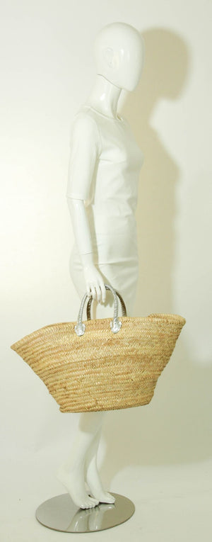 French Moroccan Straw Basket Tote Bag with Piped Leather Handles