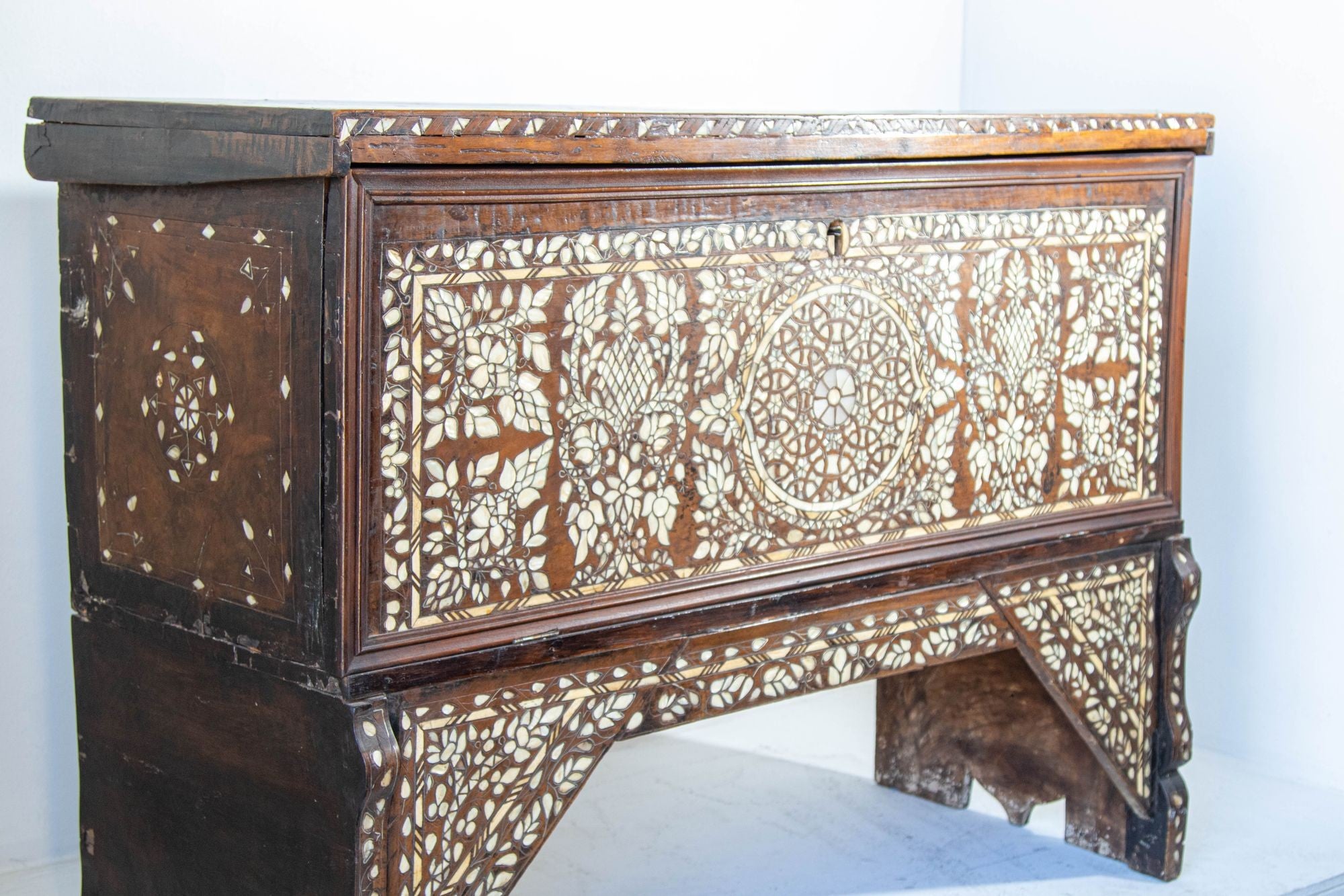 Antique Middle Eastern Mother of Pearl Inlay Dowry Trunk 19th C.