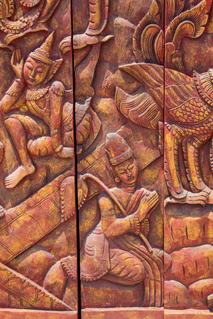 Antique Monumental Asian Hand-Carved Wooden Decorative Mural Panel 8ft
