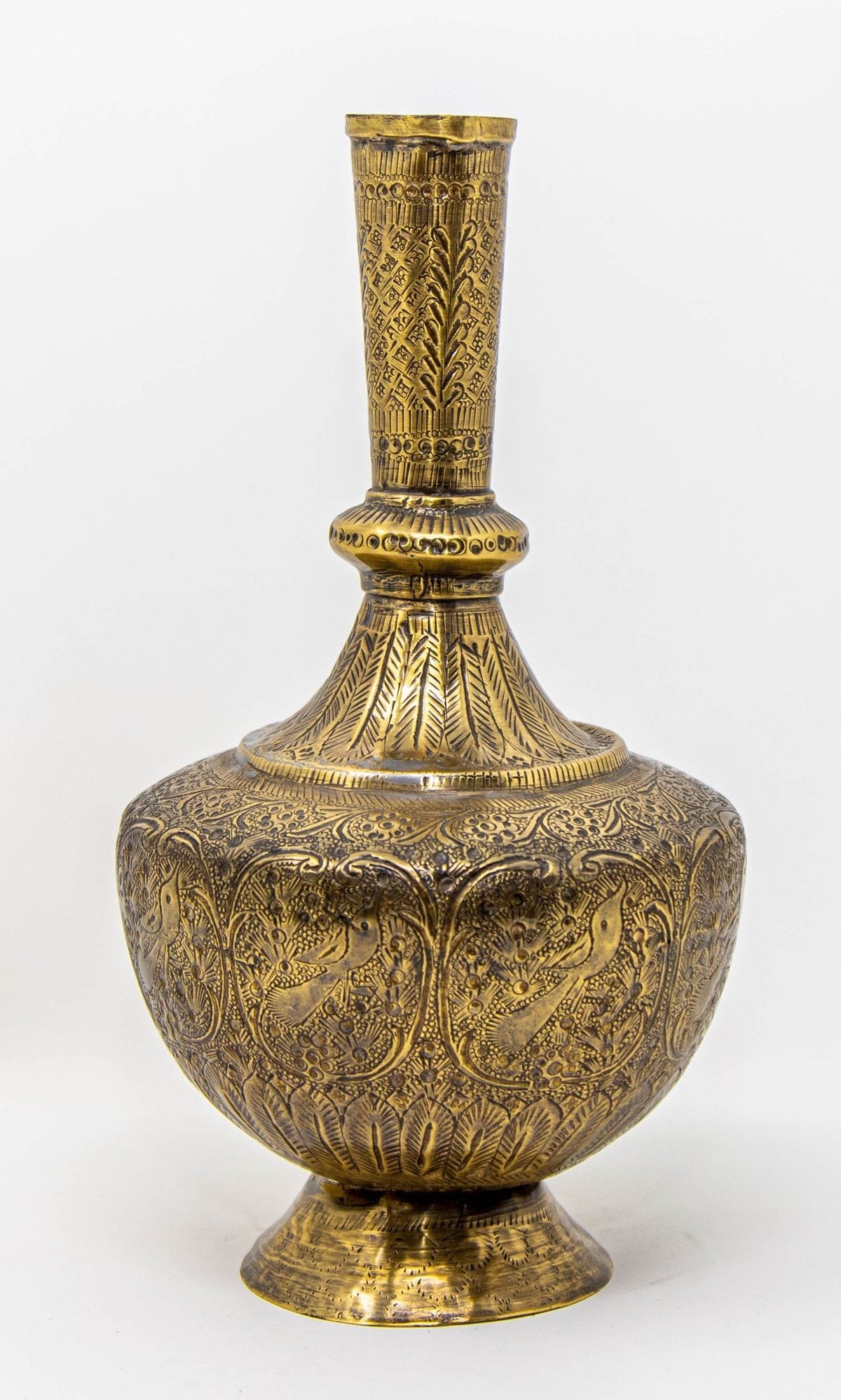 19th Century Antique Persian Brass Etched Vase with Islamic Design