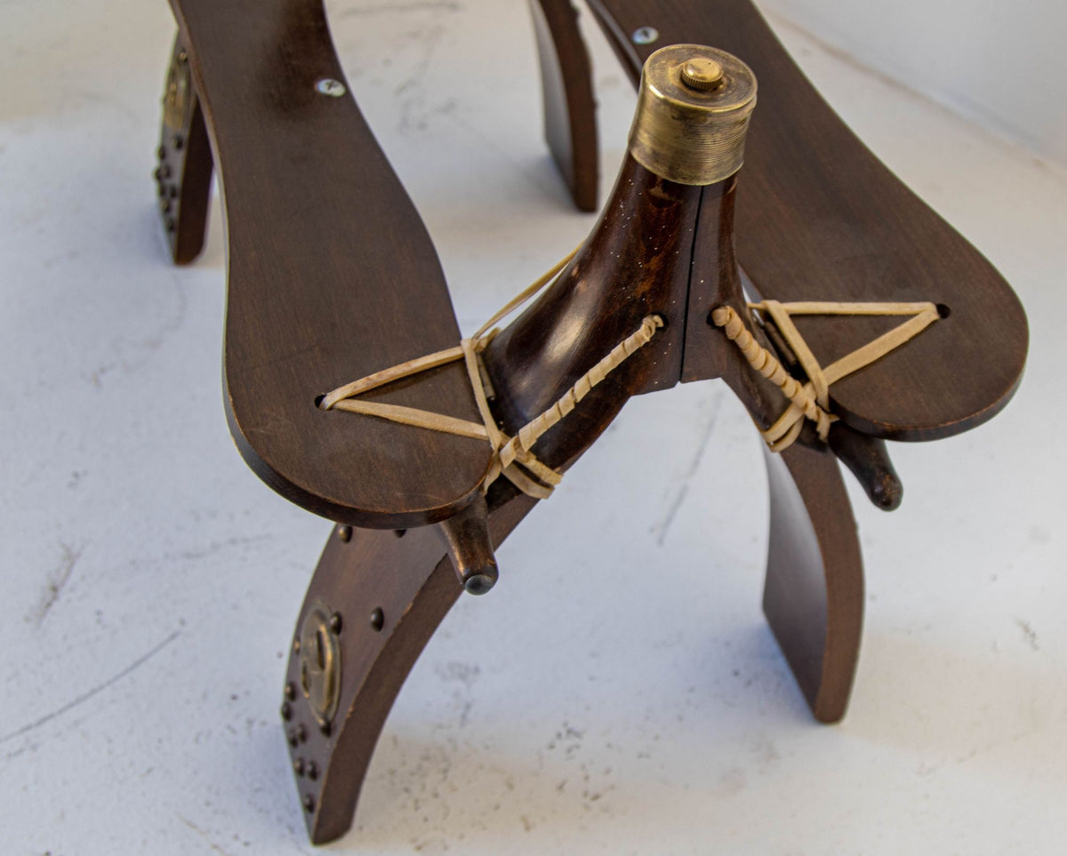 1960s Vintage Egyptian Camel Saddle Stool in Dark Wood & Red Leather