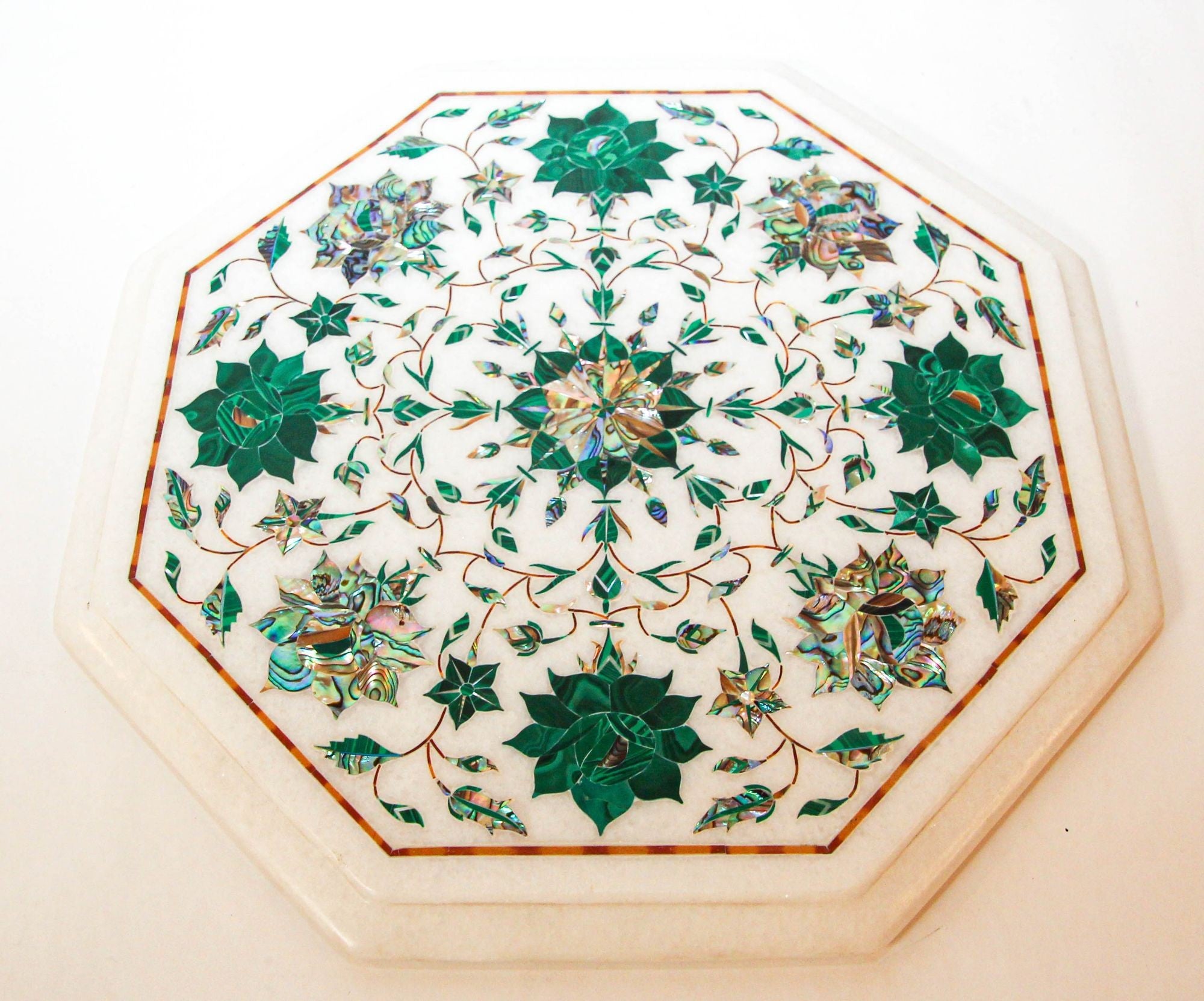 Pietra Dura White Mosaic Octagonal Inlaid Marble Top Handcrafted Agra India 1980