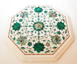 Pietra Dura White Mosaic Octagonal Inlaid Marble Top Handcrafted Agra India 1980