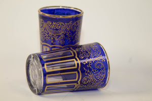 Moroccan Royal Blue Glasses with Gold Moorish Arabesque Design Set of 6 Barware