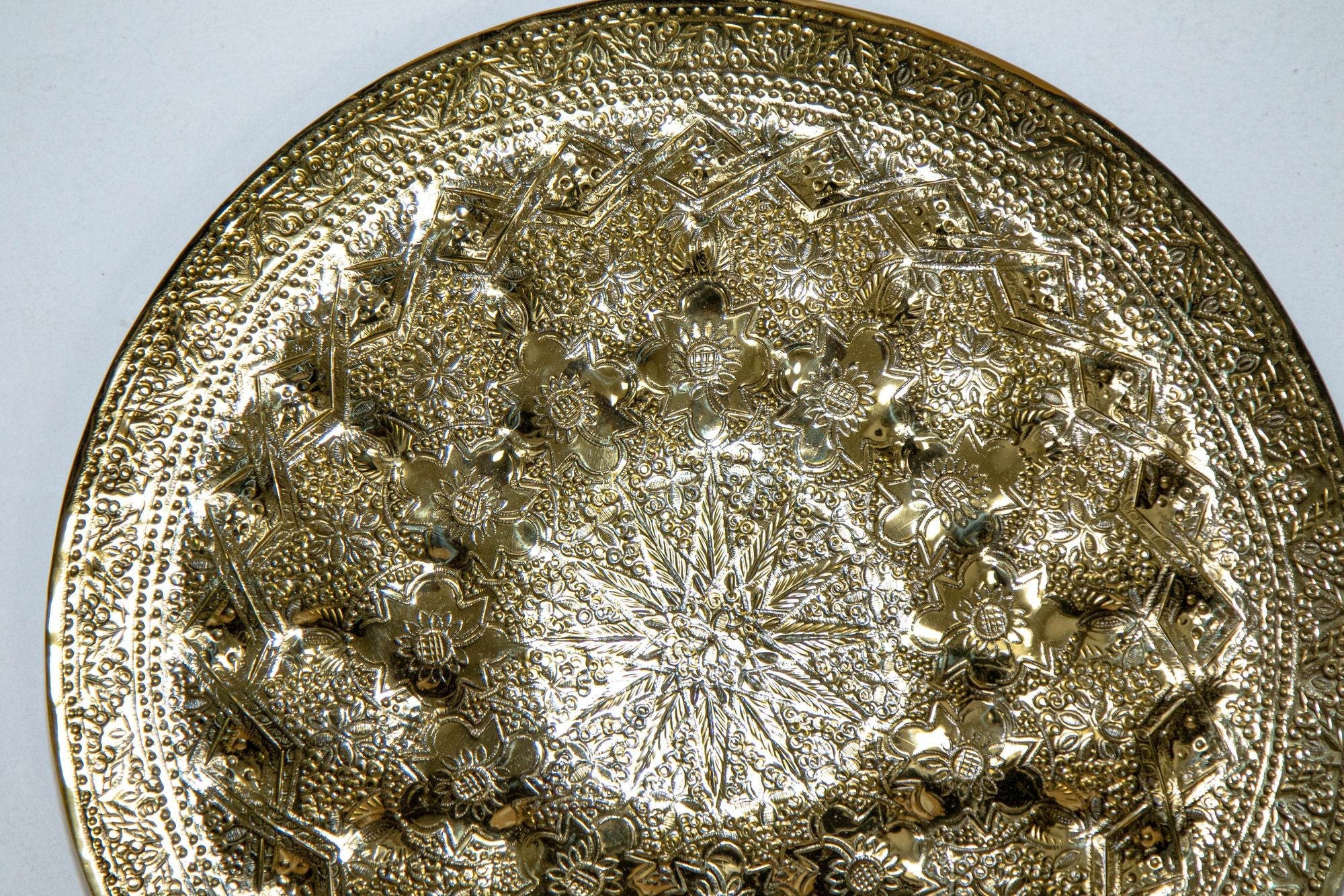 Islamic Persian Polished Brass Tray Collectible Metal Work Platter 10 inches D.