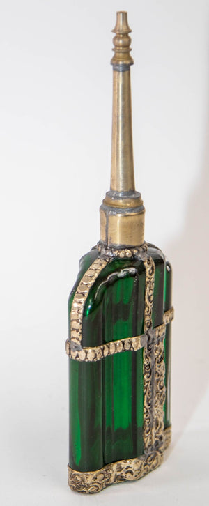 Moorish Emerald Green Glass Perfume Bottle Sprinkler with Embossed Metal Overlay