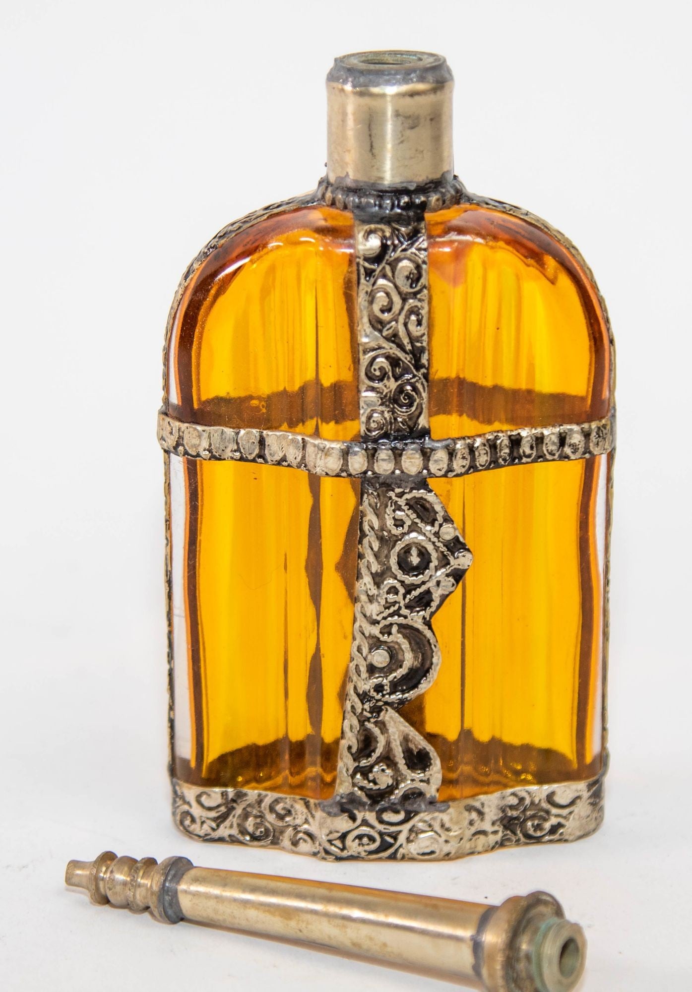Moroccan Glass Perfume Bottle Sprinkler with Metal Overlay