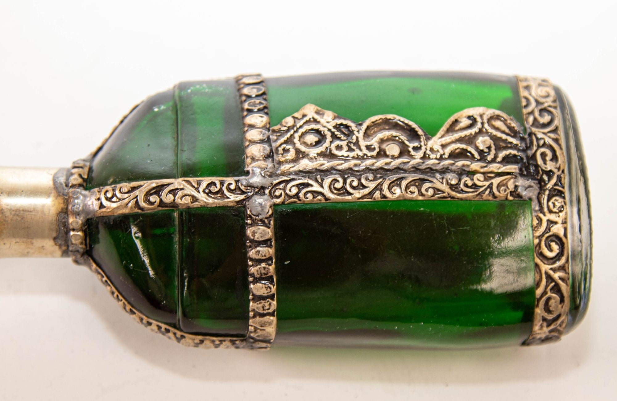 Moorish Green Glass Perfume Bottle Sprinkler with Embossed Metal Overlay