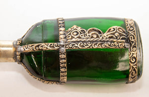 Moorish Green Glass Perfume Bottle Sprinkler with Embossed Metal Overlay