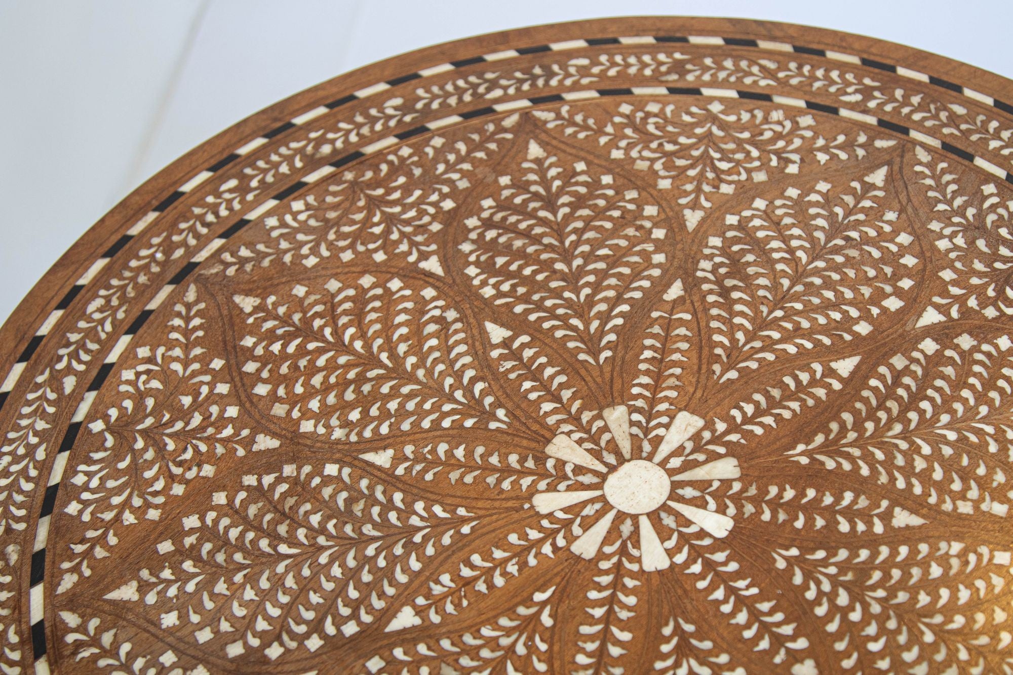Anglo Indian Mughal Teak Wood Round Side Table with Bone Inlaid