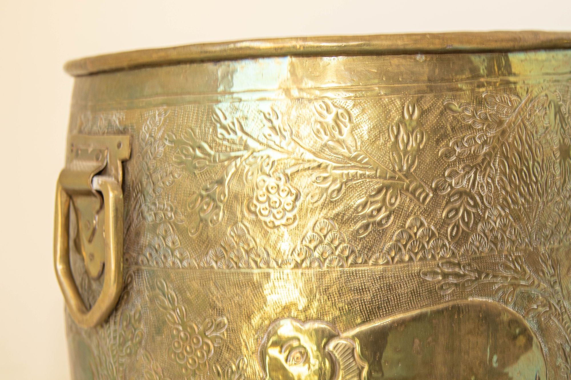 Large Vintage Polished Brass Planters Anglo Raj Hammered Jungle Design a Pair