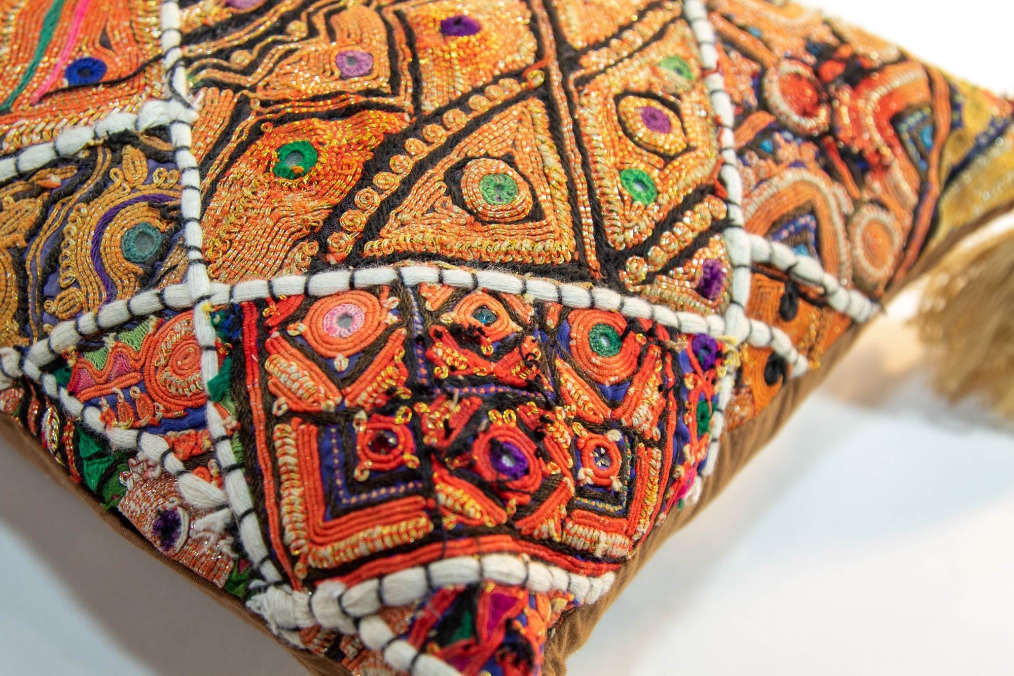 Vintage Pillow in Colorful Embroidered Fabric Patchwork Rajasthan India