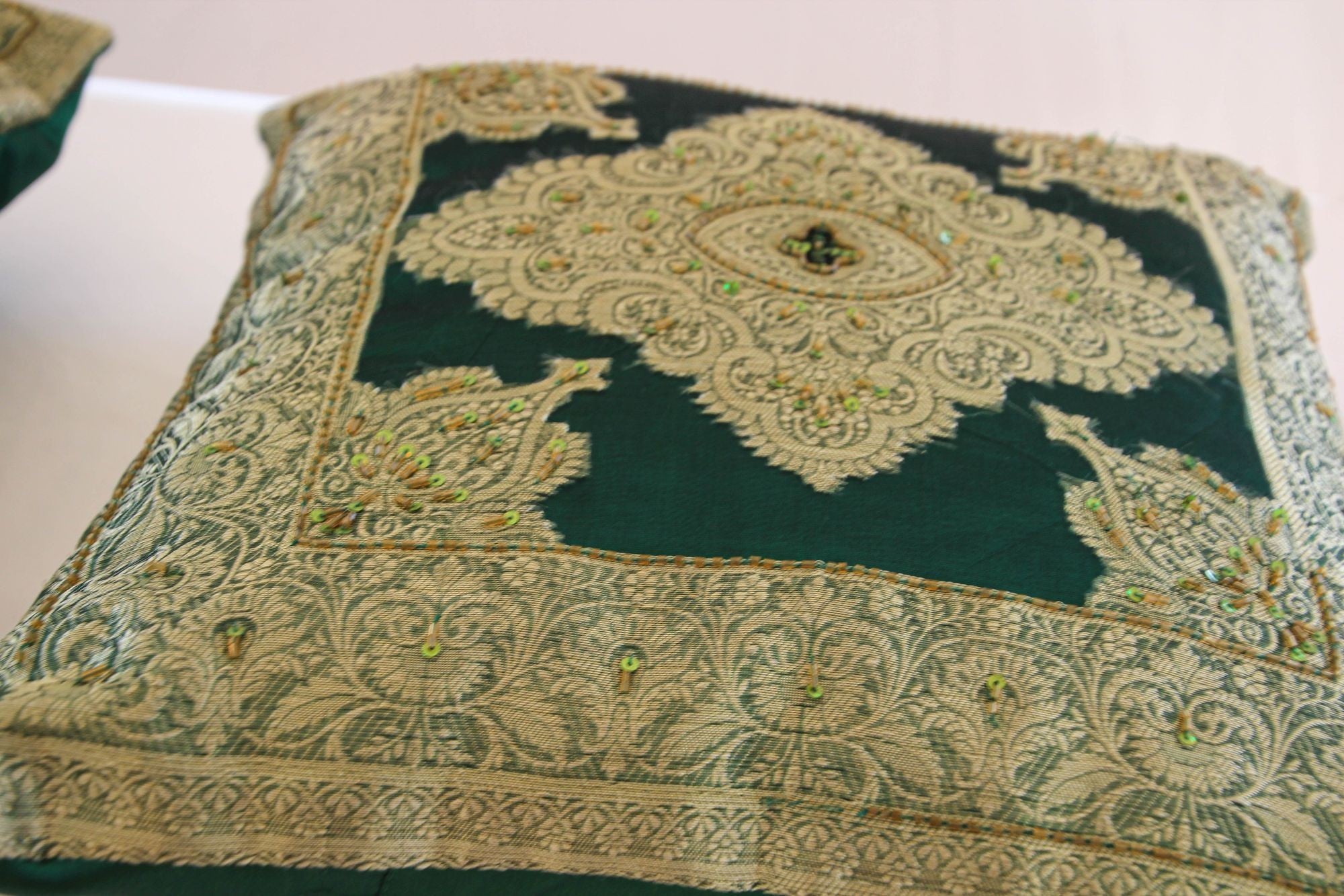Emerald Green Moorish Throw Pillows Embellished with Sequins and Beads a Pair