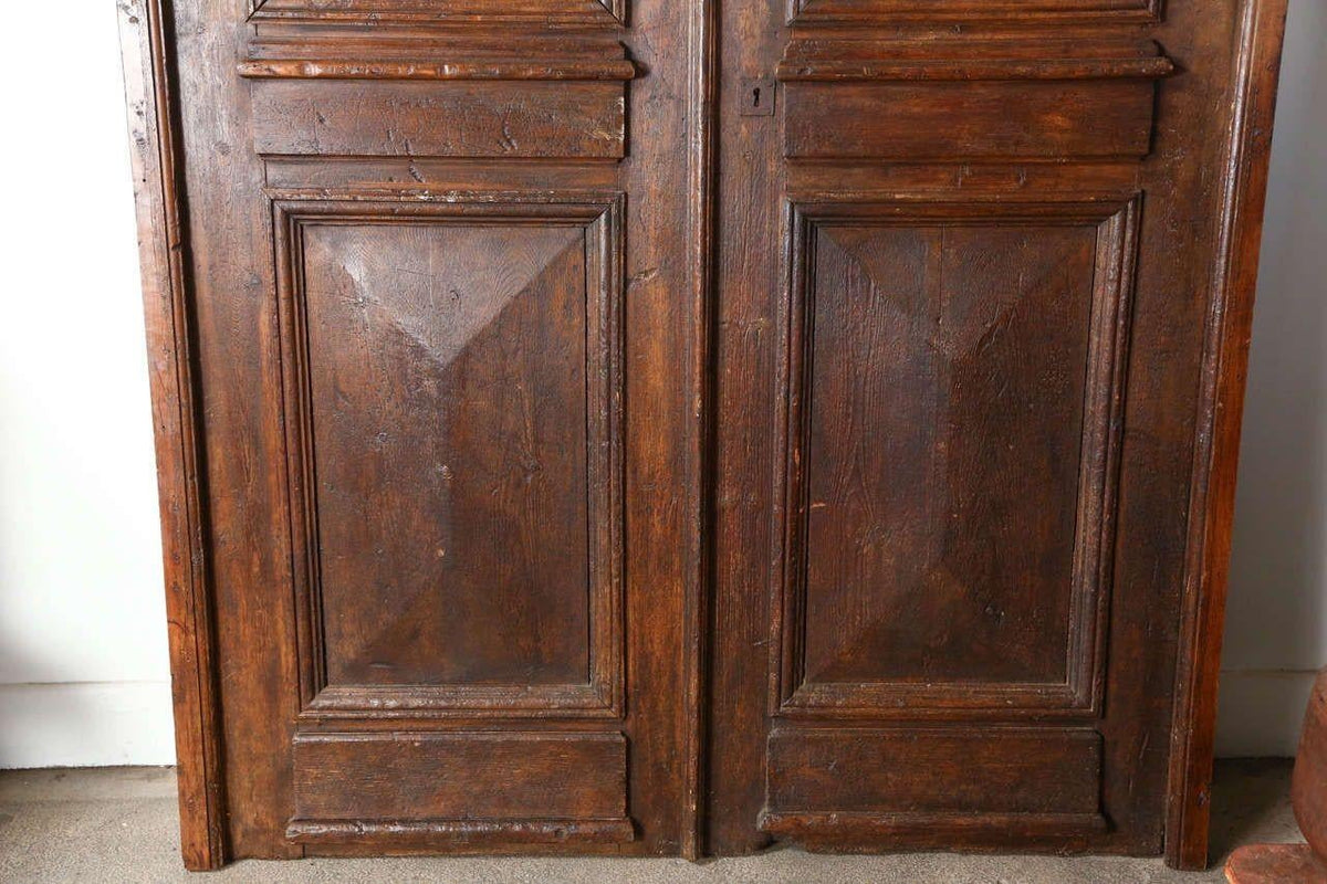 Antique French Painted Double Entry Doors with Transom Wood and Wrought Iron — France