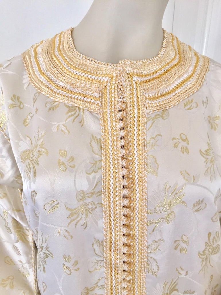 Vintage Moroccan Kaftan White and Gold Metallic Floral Brocade Caftan 1970's