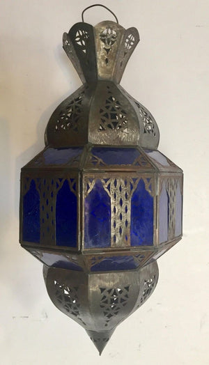 Handcrafted Moroccan Metal and Blue Glass Lantern, Octagonal Shape