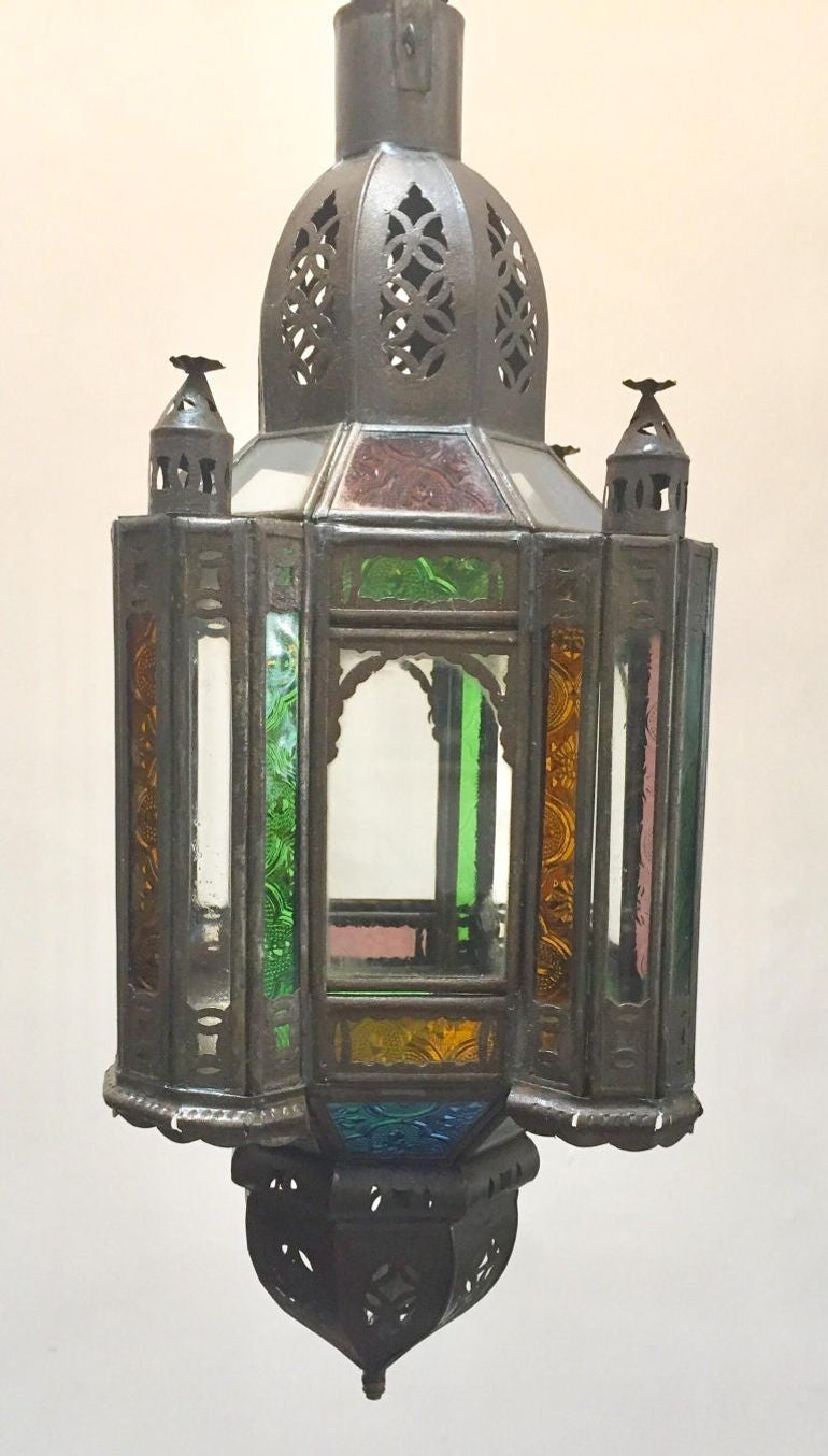 Moroccan Handcrafted Moorish Pendant Lantern with Multi-Color Glass