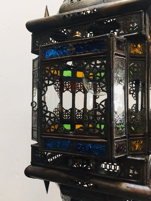 Moroccan Hall Lantern Light Fixture with Multi-Color Glass Moorish Style