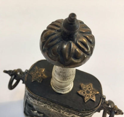 Antique Moroccan Berber Case Flask, Hand-Carved Wood & Brass, 1920s