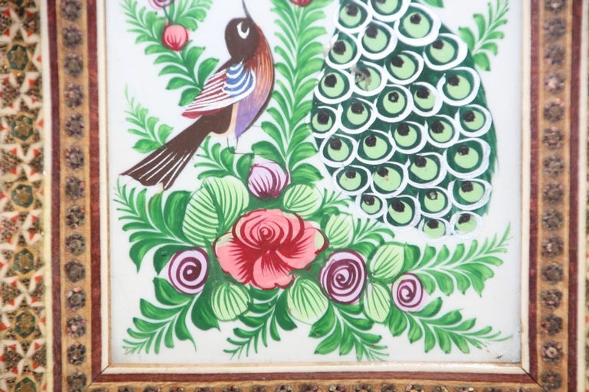 Middle Eastern Miniature Painting of Peacocks in Mosaic Frame