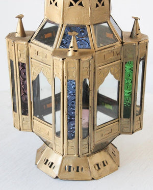 Moroccan Candle Lantern in Moorish Gilt Metal and Glass