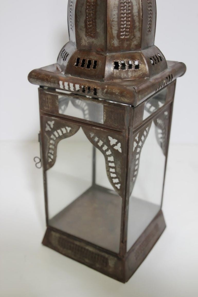 Moroccan Metal Candle Lantern in Moorish Square Metal and Clear Glass