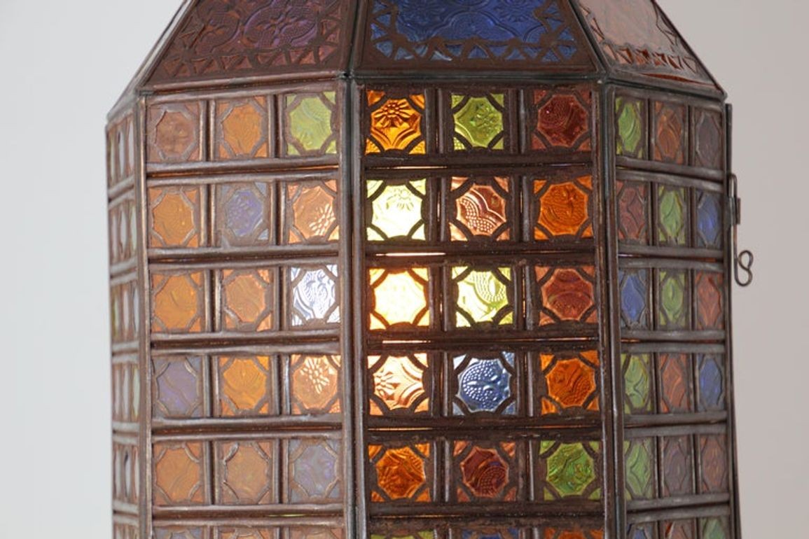 Moroccan Hanging Glass Lantern Moorish Metal Light Fixture with Stained Glass