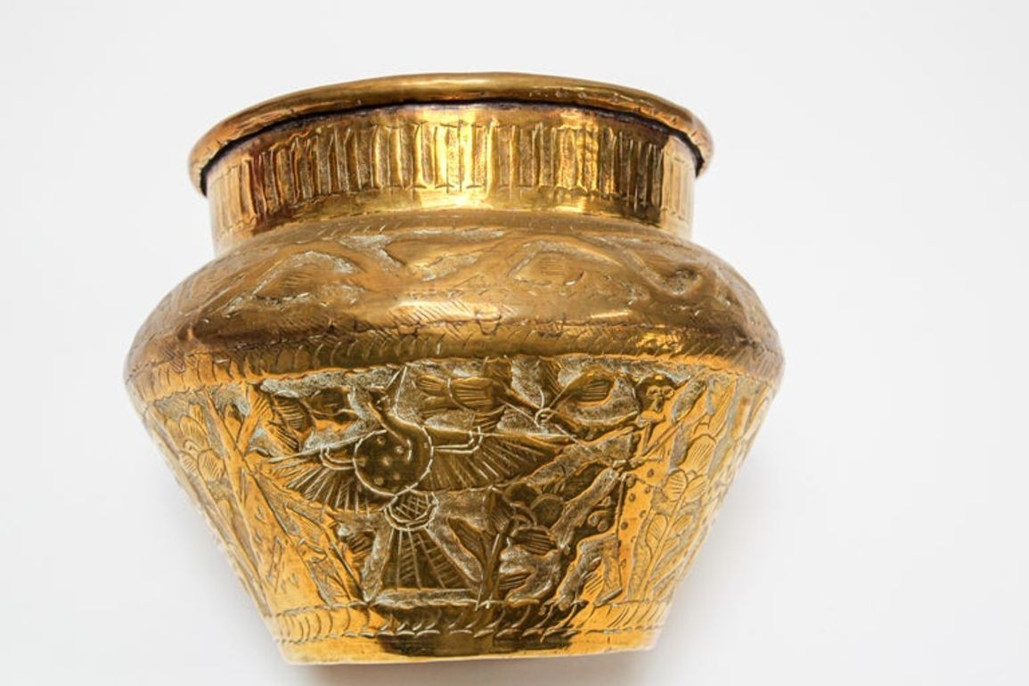 Middle Eastern Islamic Brass Bowl with Egyptian Scene