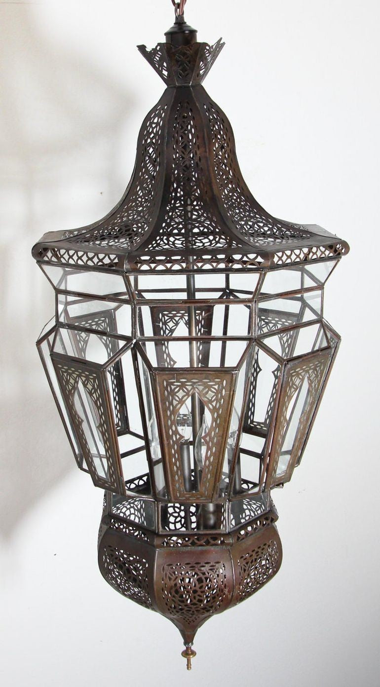 Vintage Moroccan Moorish Clear Glass Pierced Metal Lantern Chandelier, 1980s