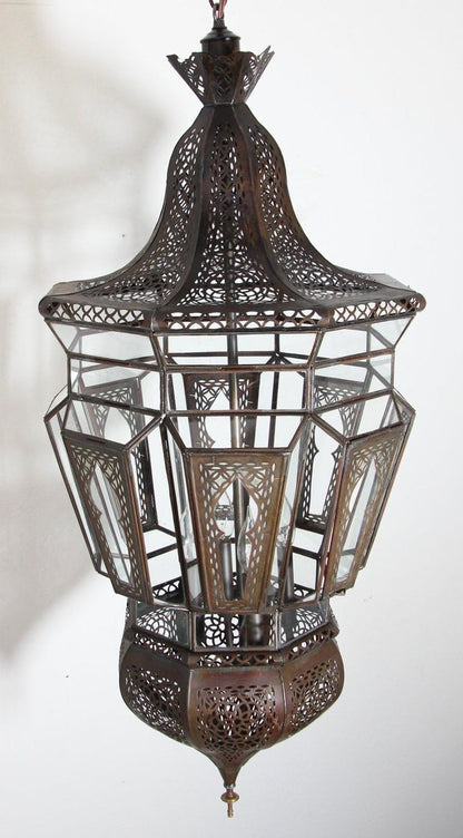 Vintage Moroccan Moorish Clear Glass Pierced Metal Lantern Chandelier, 1980s