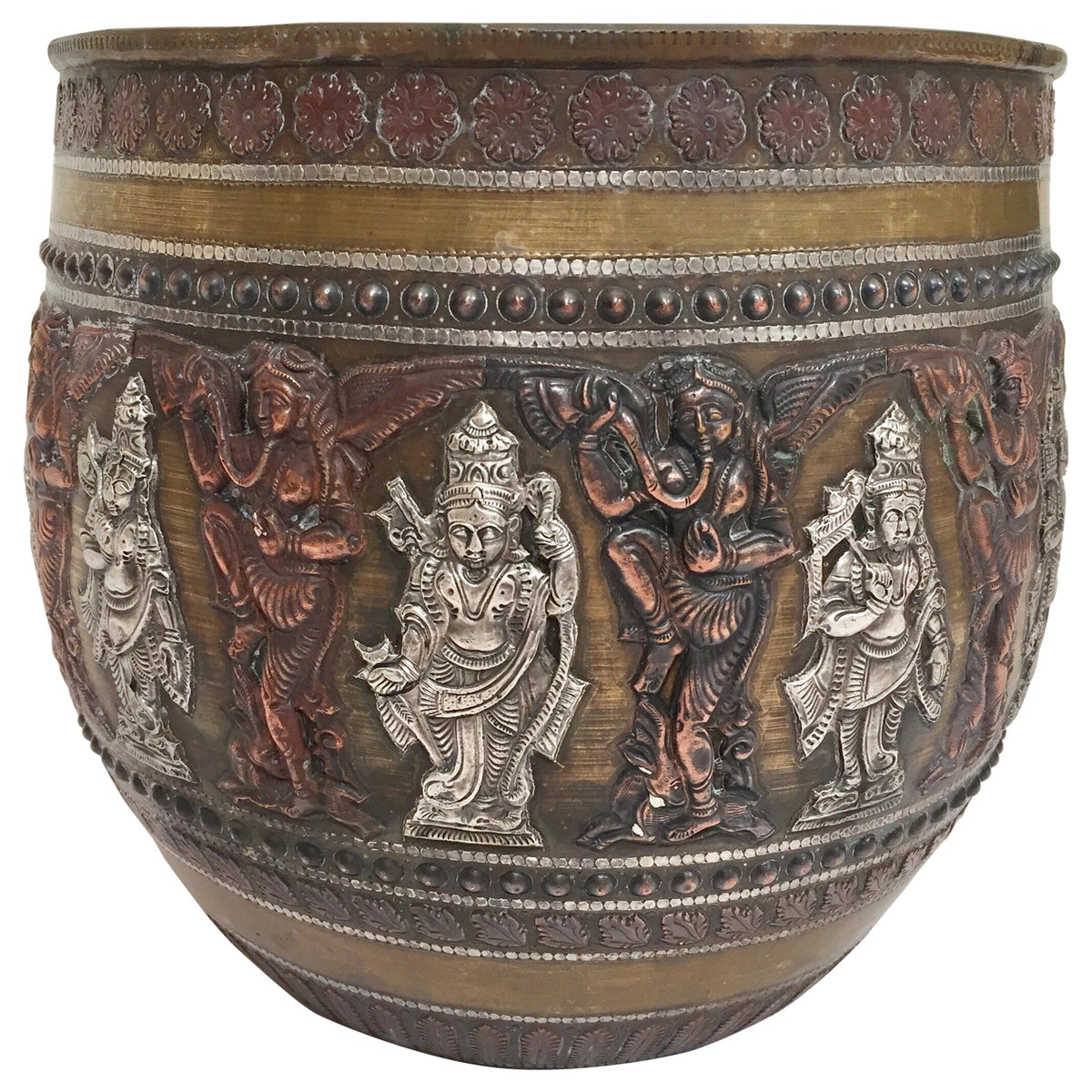 Large Burmes Brass, Copper, Silver Inlaid Ceremonial Bowl with Avatars of Vishnu — India
