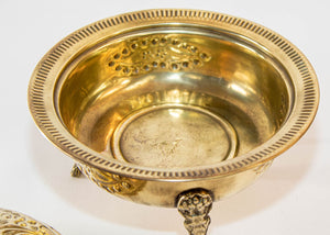 1940s Antique Round Moroccan Brass Serving Dish with Dome Lid and Paw Lion Feet.