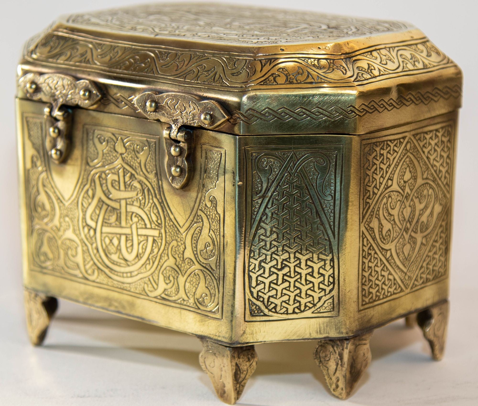 Persian Brass Jewelry Box in Mamluk Revival Damascene Moorish Islamic Style 1920